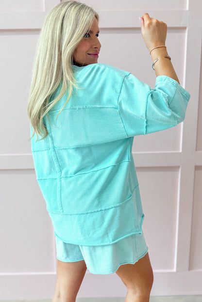 Mint Green Exposed Seam 3/4 Sleeve T Shirt and Lace-up Shorts Set