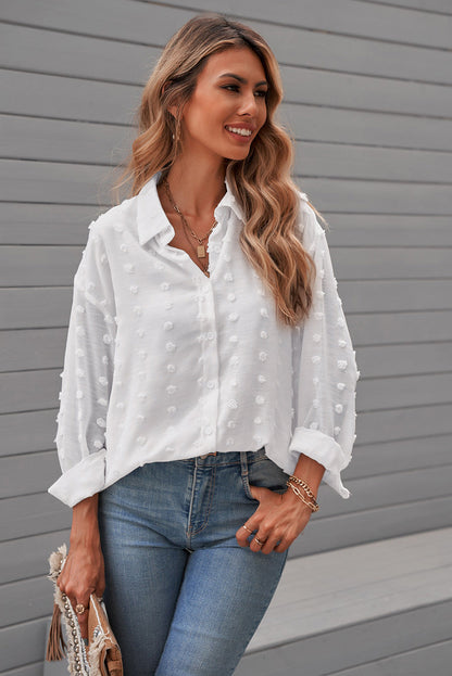Elegant White Fuzzy Polka Dot Button-Up Shirt