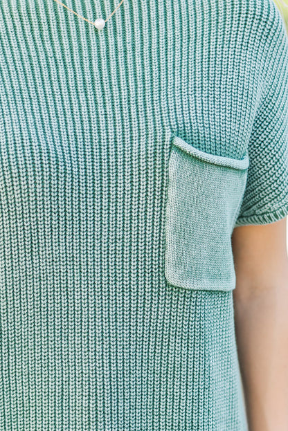 Evergreen Mineral Wash Ribbed Knit Patched Pocket Short Sleeve Loose Sweater
