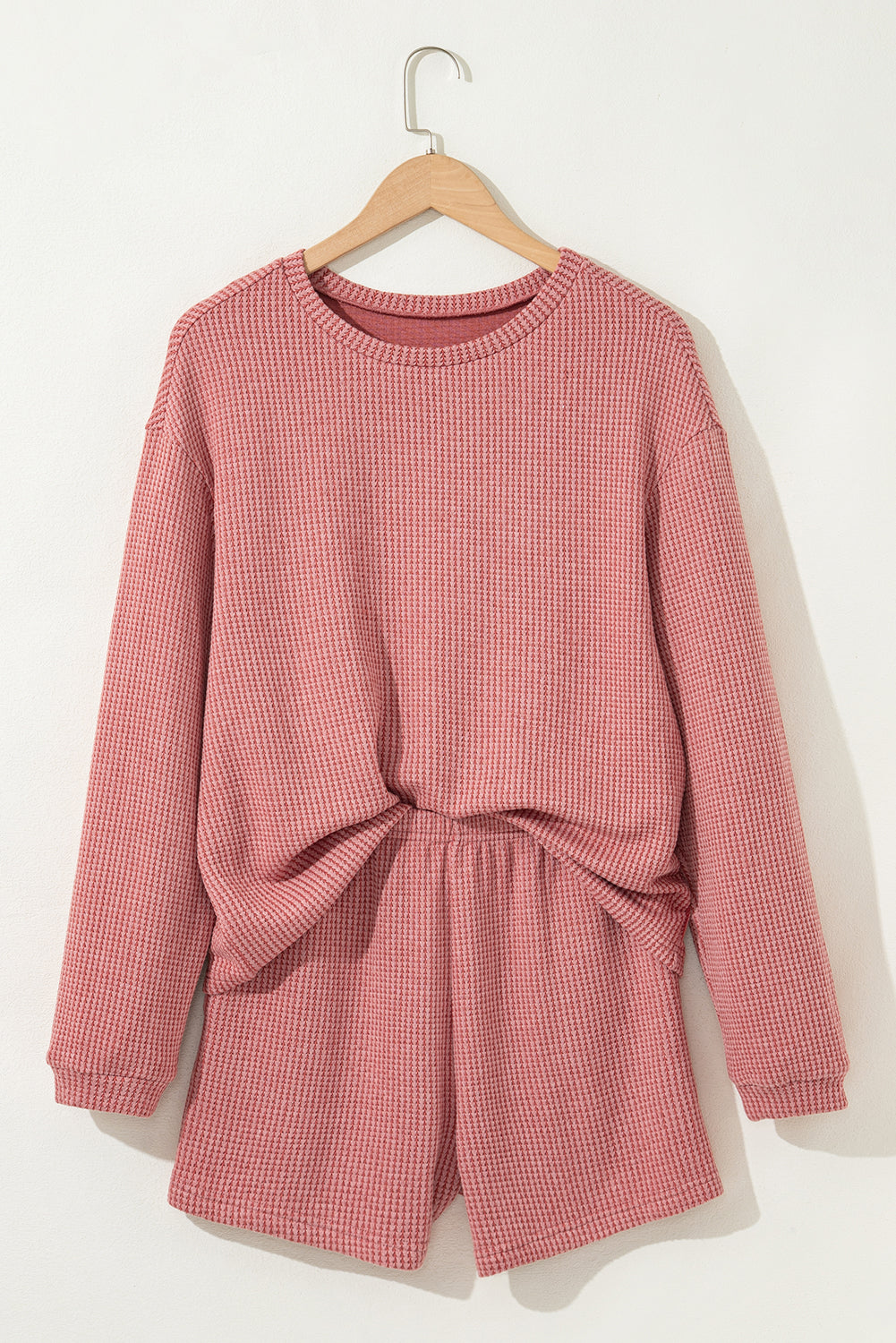 Mineral Red Textured Loose Pullover Top and Casual Short Two-piece Lounge Set