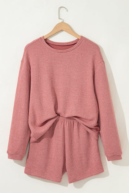 Mineral Red Textured Loose Pullover Top and Casual Short Two-piece Lounge Set