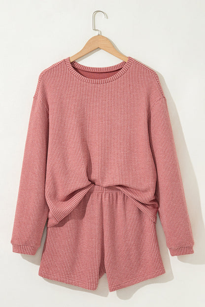 Mineral Red Textured Loose Pullover Top and Casual Short Two-piece Lounge Set