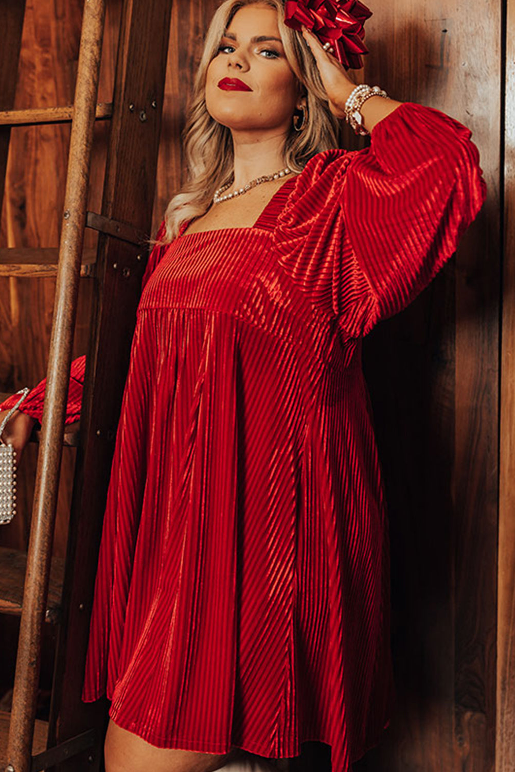 Racing Red Textured Velvet Square Neck Bubble Sleeve Plus Mini Dress