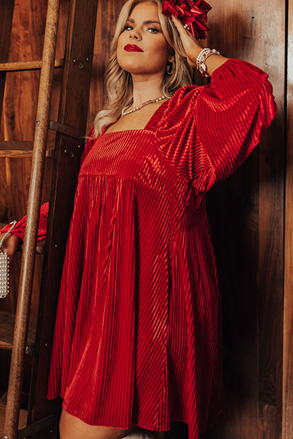 Racing Red Textured Velvet Square Neck Bubble Sleeve Plus Mini Dress