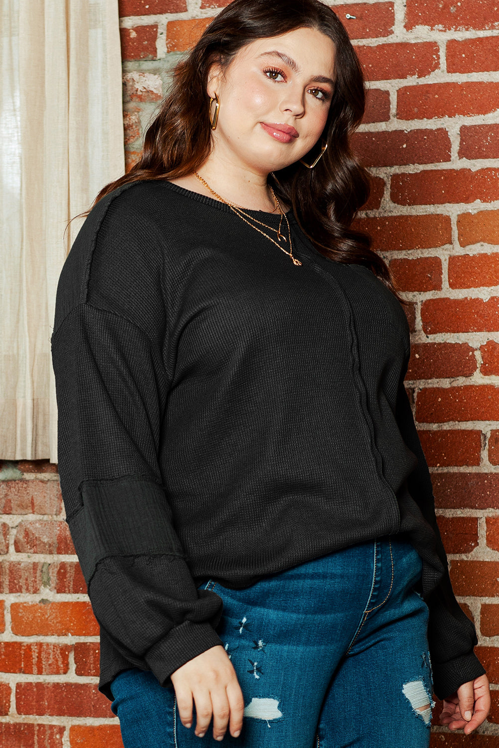 Retro Black Crinkle Patch Plus Size Top