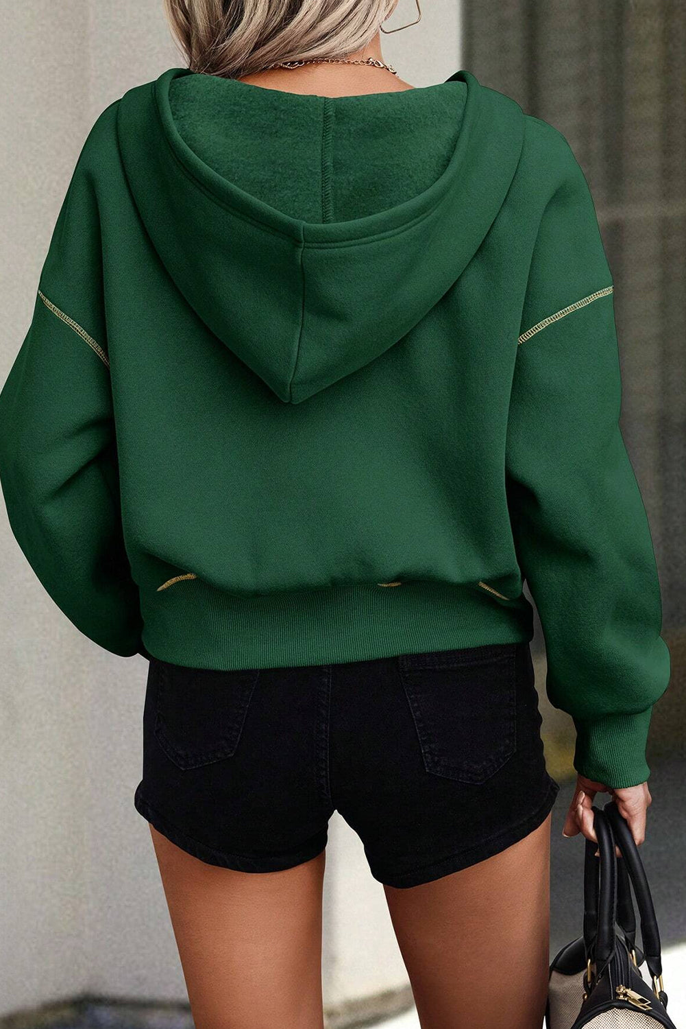 Evergreen Contrast Stitching Half Zipper Drop Shoulder Cropped Fit Hooded Sweatshirt