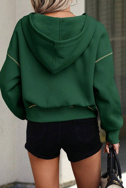 Evergreen Contrast Stitching Half Zipper Drop Shoulder Cropped Fit Hooded Sweatshirt