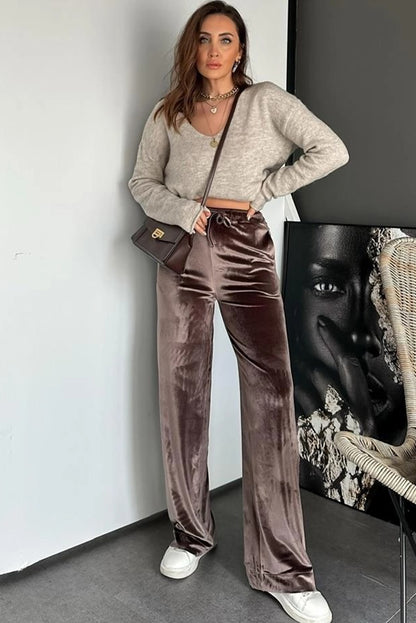 Goat Shiny Velvet Drawstring High Waist Straight Leg Casual Pants