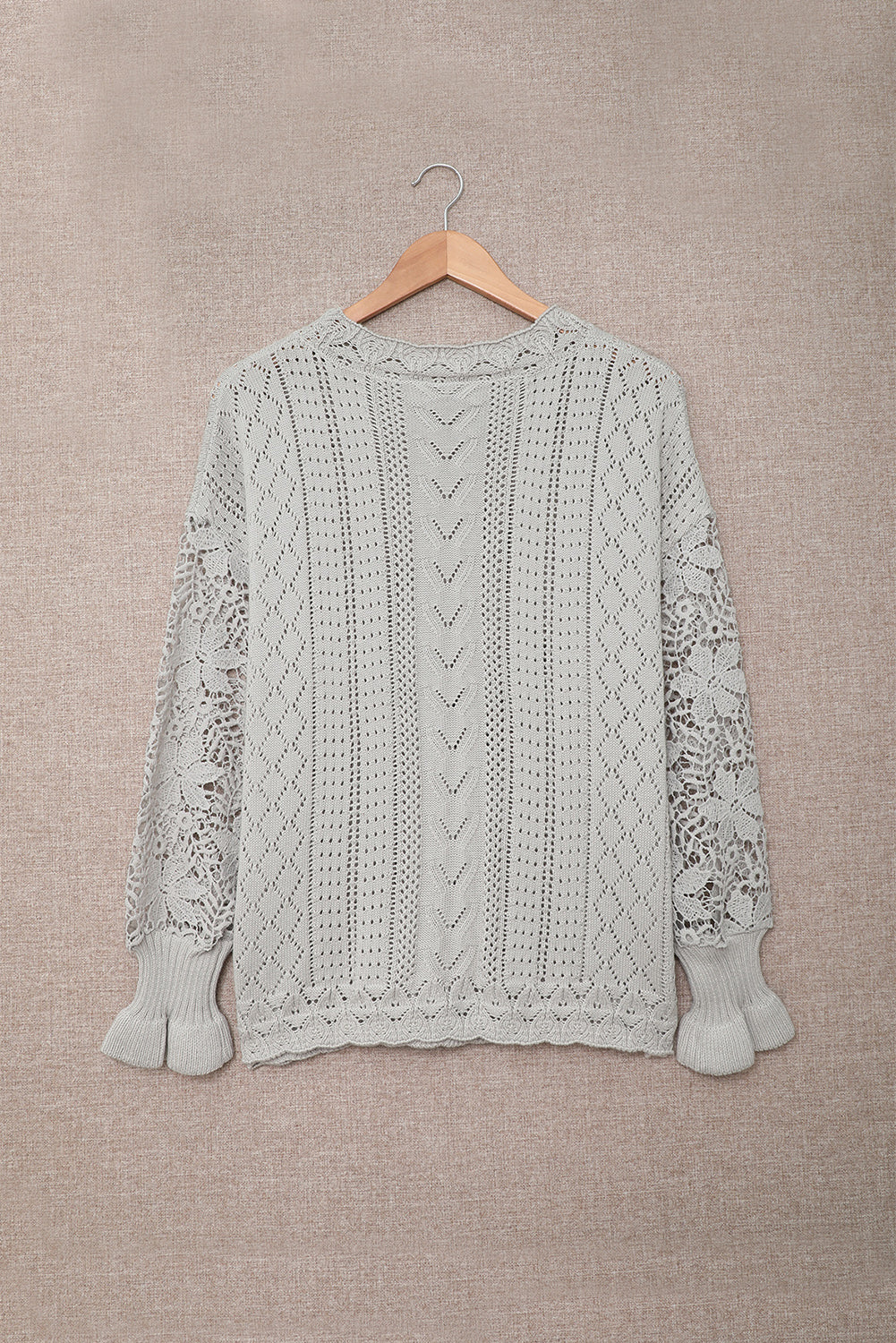 Gray Crochet Lace Pointelle Knit Sweater