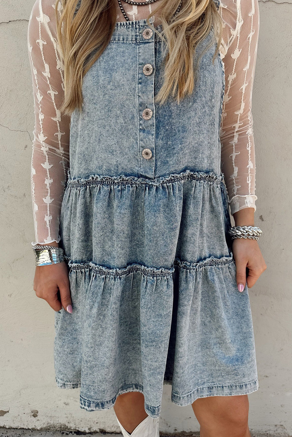 Dusk Blue Light Wash Tiered Flowy Overall Denim Dress
