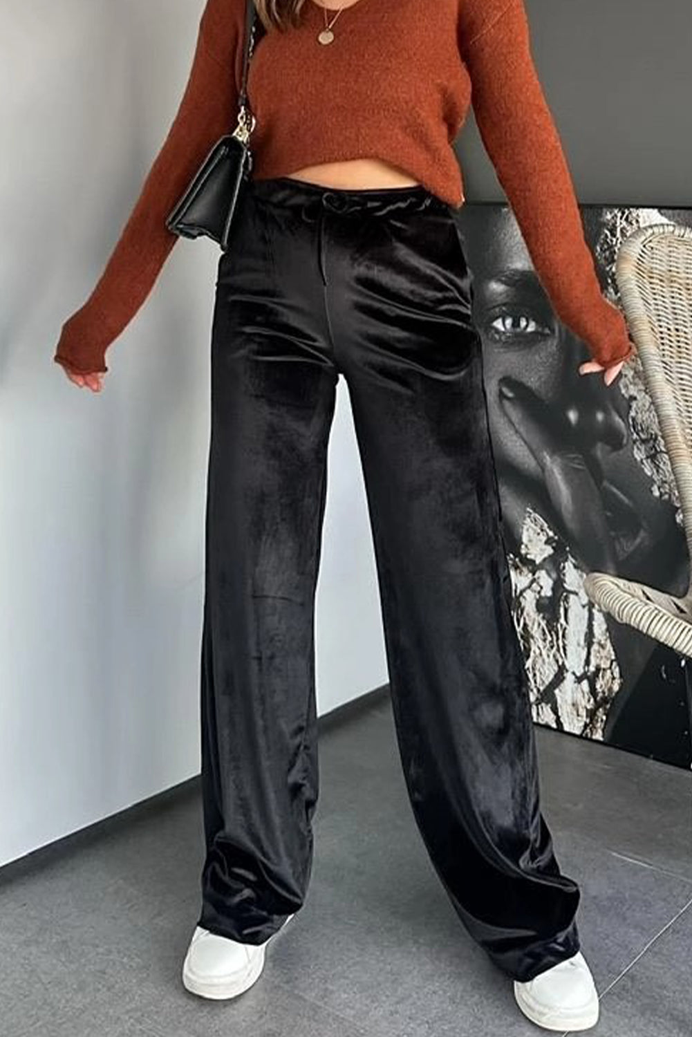 Black Shiny Velvet Drawstring High Waist Straight Leg Casual Pants