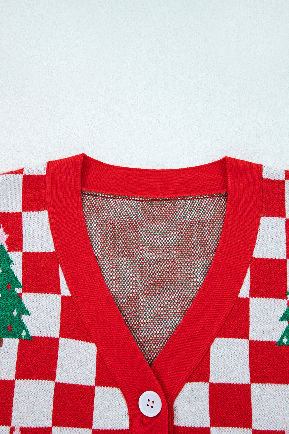 Red Checkered Christmas Tree Pattern Button V Neck Cardigan Sweater
