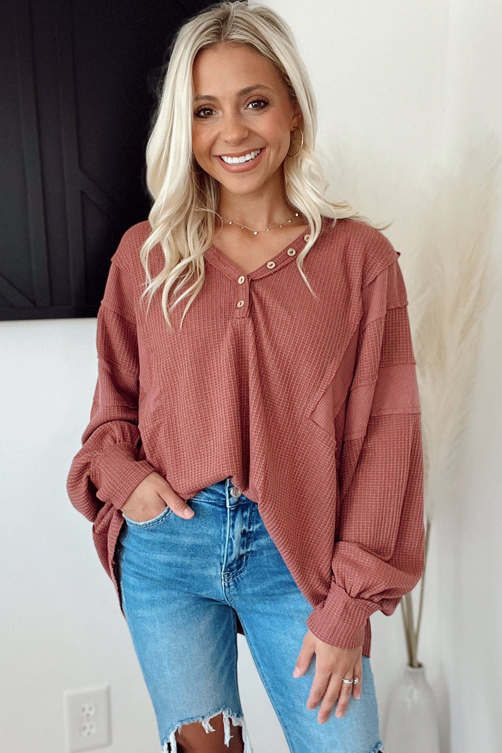 Mineral Red Waffle Patch Buttoned Neckline Long Sleeve Top