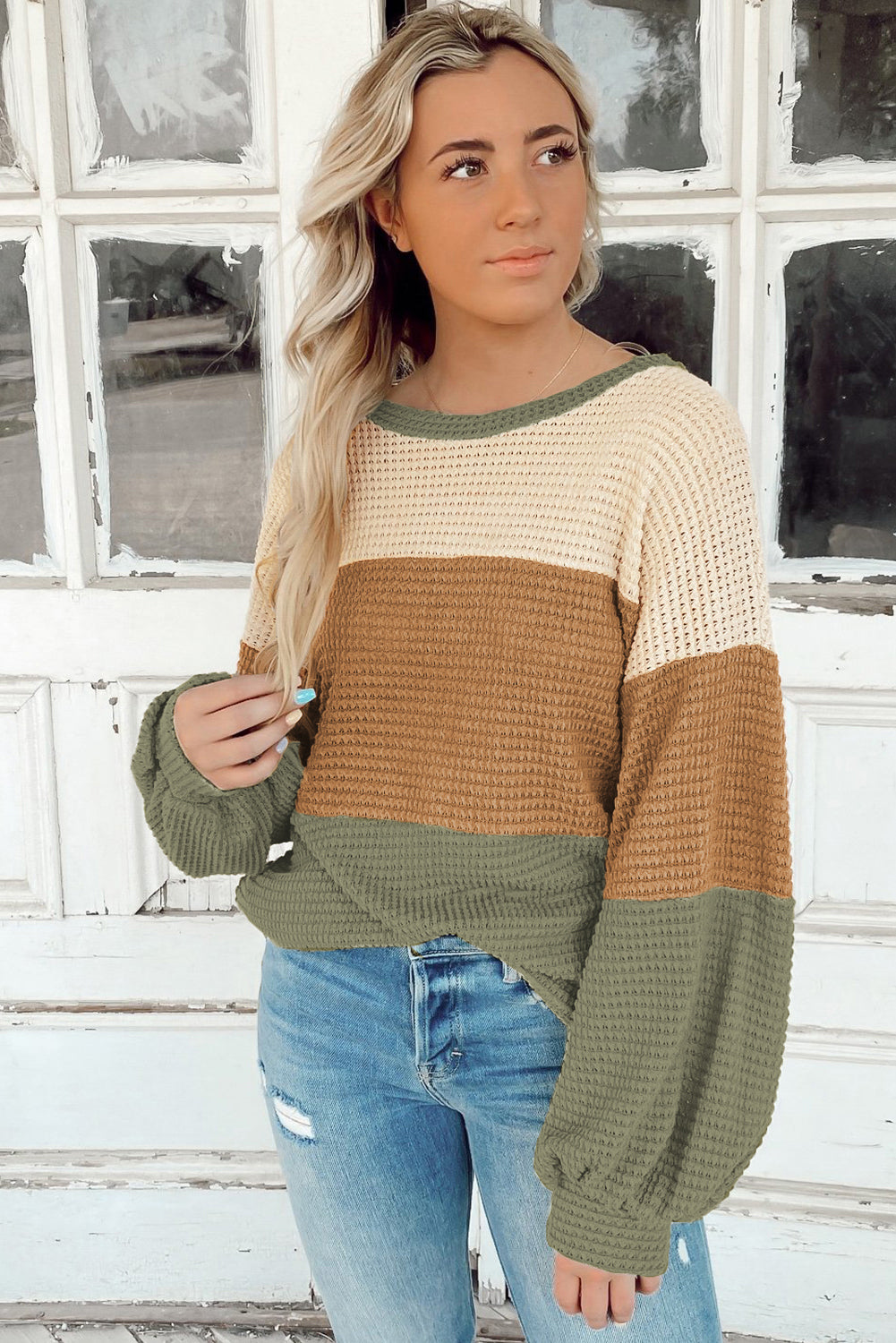 Green Striped Bubble Sleeve Baggy Top with Color Block Detail