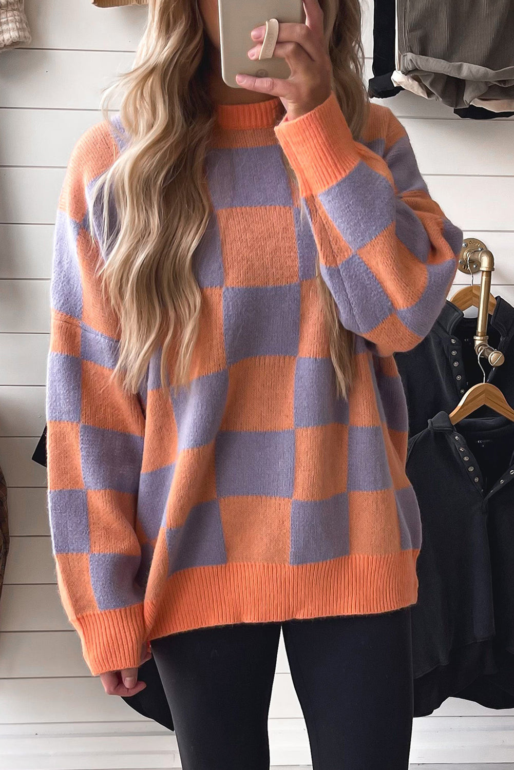 Grapefruit Orange Ribbed Trim Checkered Pattern Knit Baggy Sweater