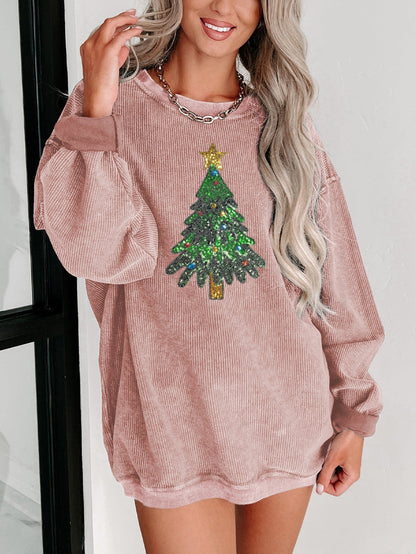 Festive Pink Sequin Christmas Tree Oversized Sweatshirt