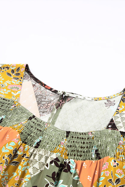 Green Floral Square Neck Boho Blouse