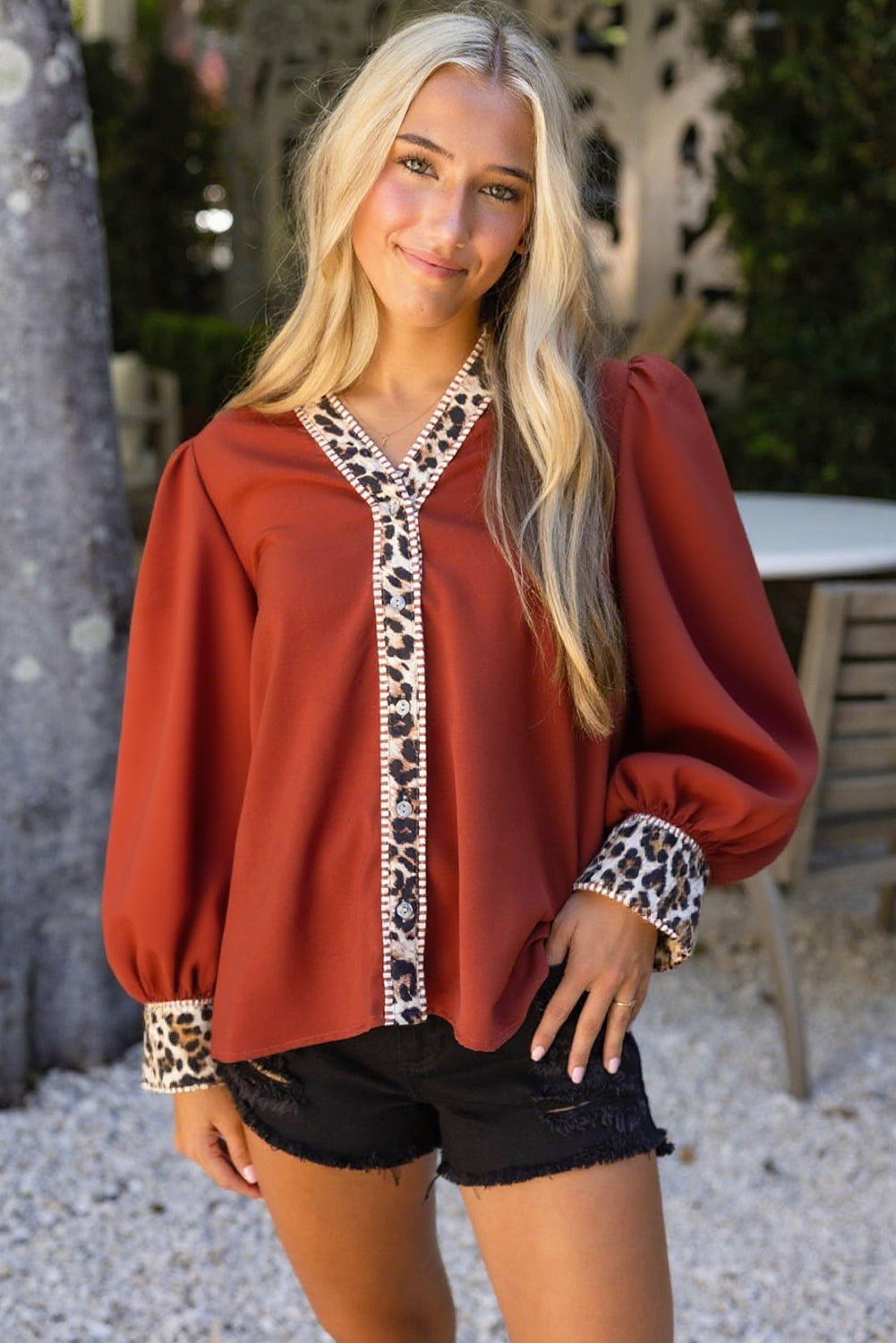 Clay Beaded Leopard Patchwork V Neck Long Sleeve Blouse