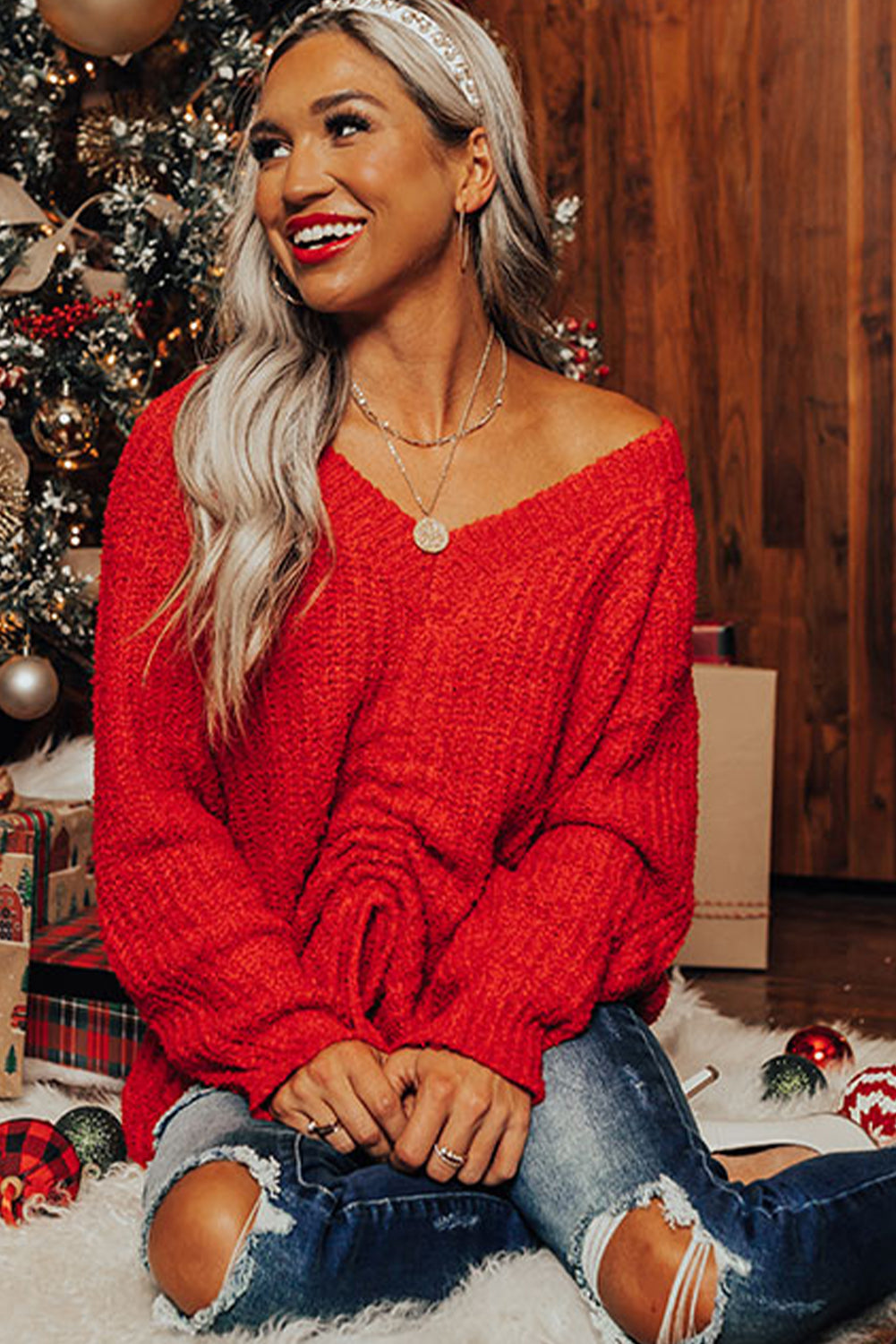 Fiery Red V Neck Drawstring Hem Knit Oversize Sweater