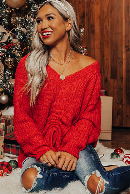 Fiery Red V Neck Drawstring Hem Knit Oversize Sweater