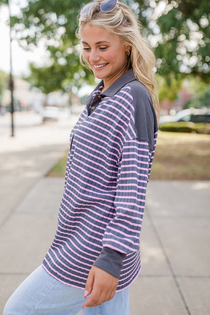 Gray Stripe Ribbed Texture Contrast Polo Collar Long Sleeve Top
