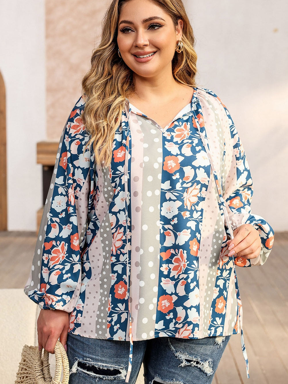 Multicolor Plus Size Mixed Print Split Neck Blouse