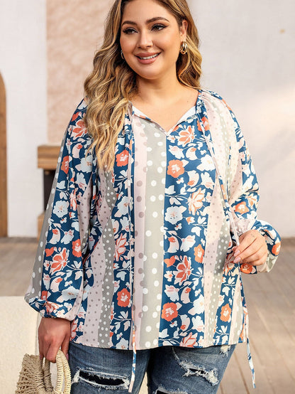 Multicolor Plus Size Mixed Print Split Neck Blouse