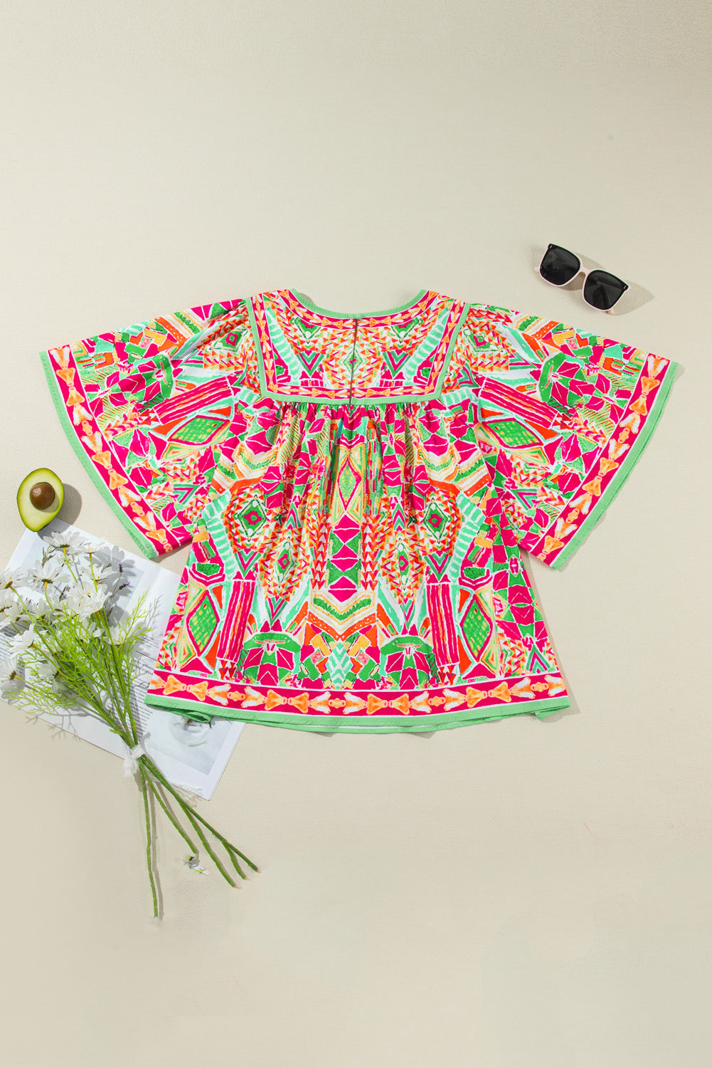 Green Bohemian Geometric Print Wide Sleeve Plus Size Blouse