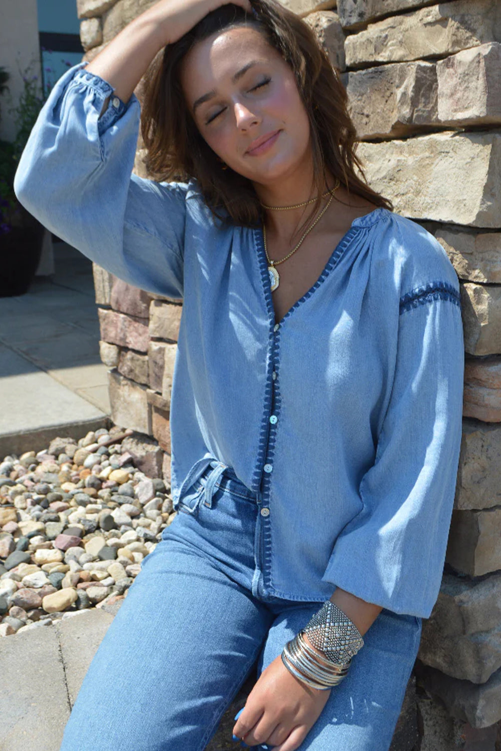Beau Blue Stitched Detail V Neck Button Down Long Sleeve Chambray Shirt