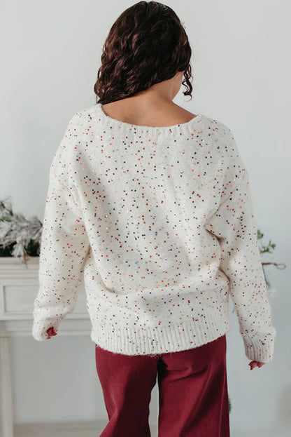 White Sequin Confetti V Neck Drop Shoulder Sweater