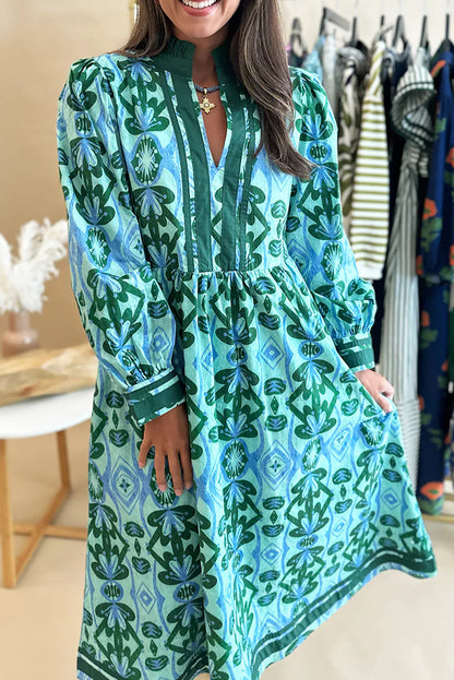 Green Geometric Floral Printed Ruffle Neck Long Sleeve Dress
