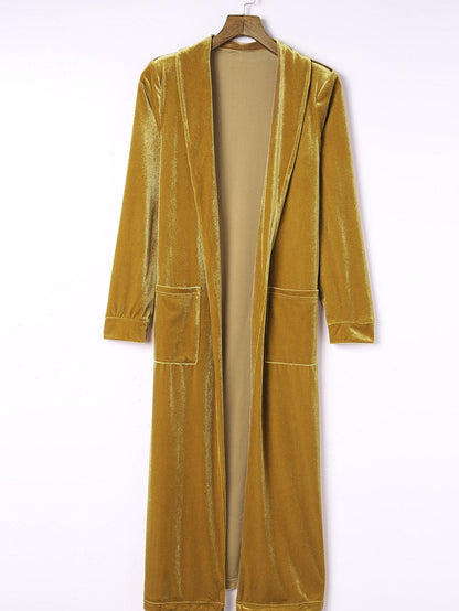 Golden Mustard Plush Open Front Pocketed Maxi Cardigan