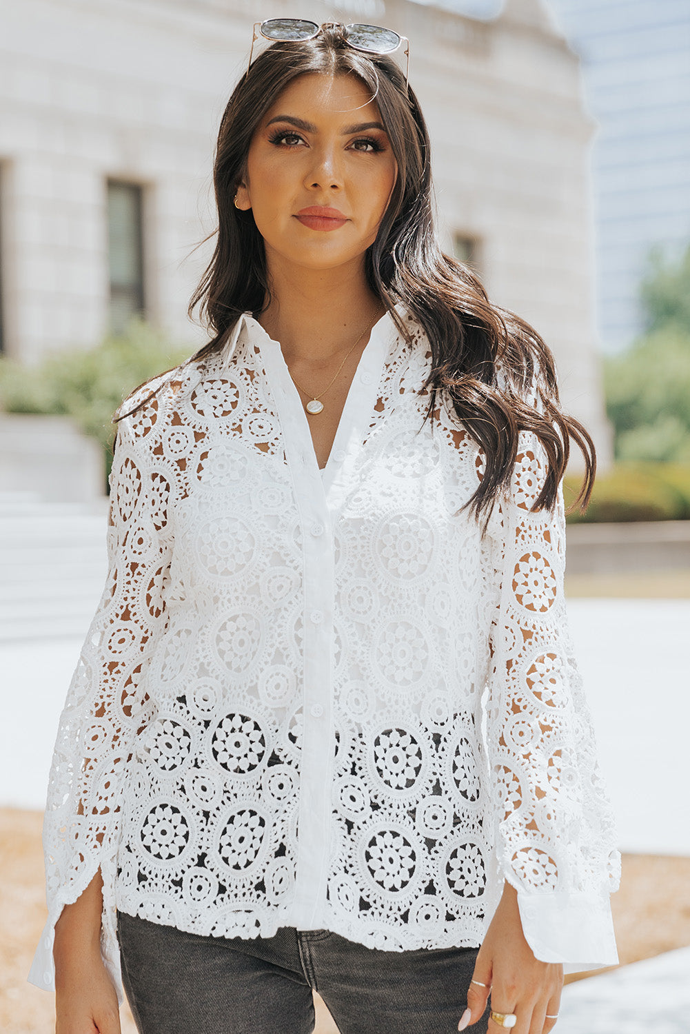 Elegant White Crochet Lace Button-Up Shirt with Turn-down Collar