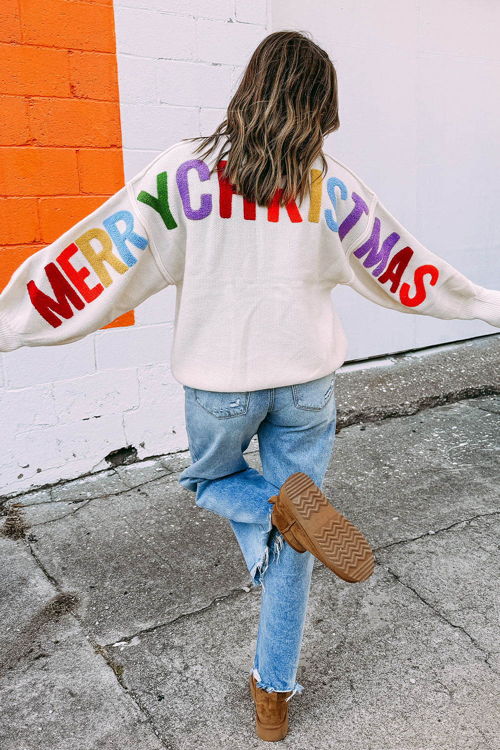 White HOHOHO MERRY CHRISTMAS Chenille Graphic Drop Shoulder Holiday Sweater