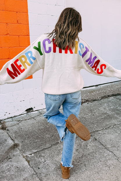 White HOHOHO MERRY CHRISTMAS Chenille Graphic Drop Shoulder Holiday Sweater