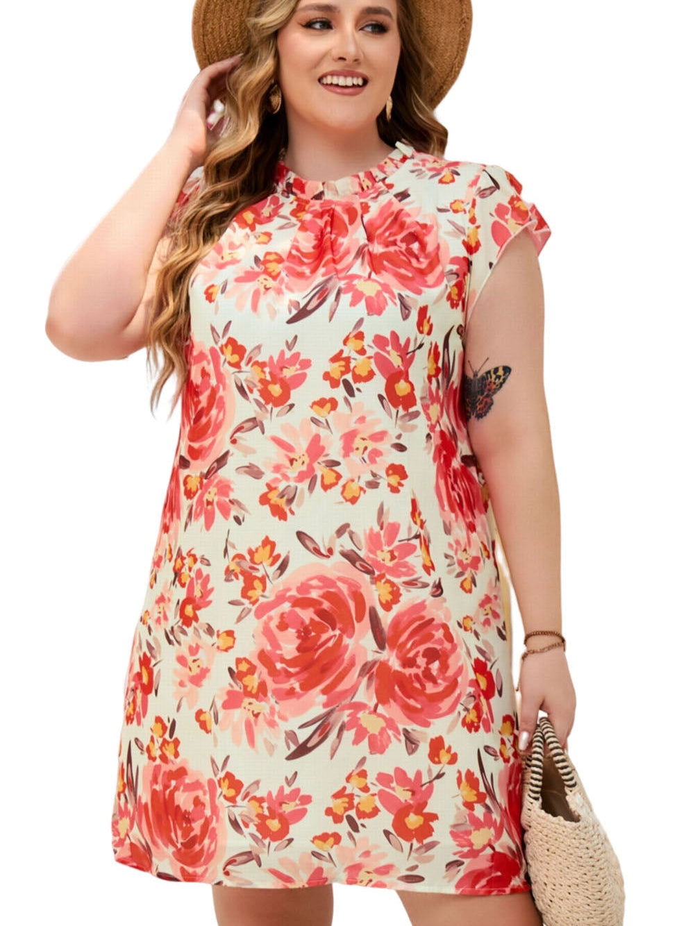 Vibrant Crimson Frilled Neck Ruffle Sleeveless Floral Dress