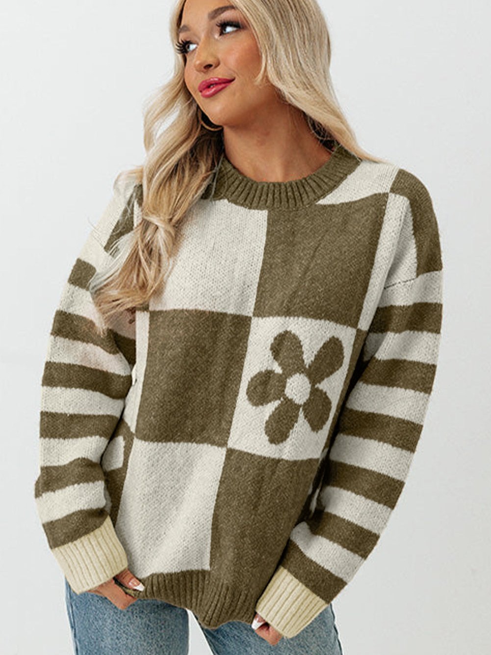 Green Checkered Floral and Striped Sleeve Sweater with Round Neck