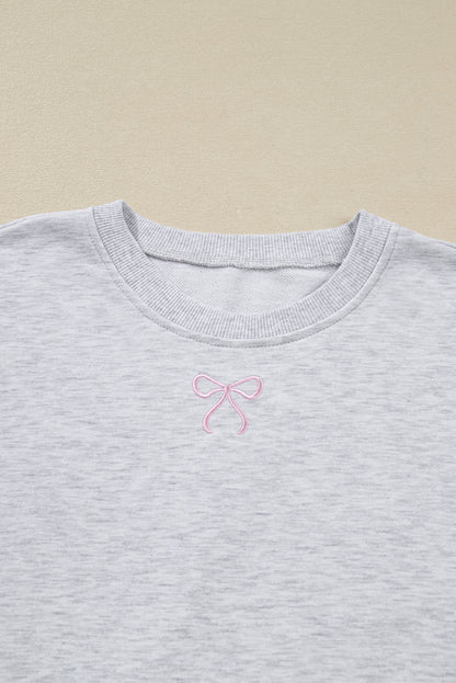 Light Grey Girly Bow Embroidered Puff Sleeve Pullover Loose Shorts Plus 2pcs Outfit