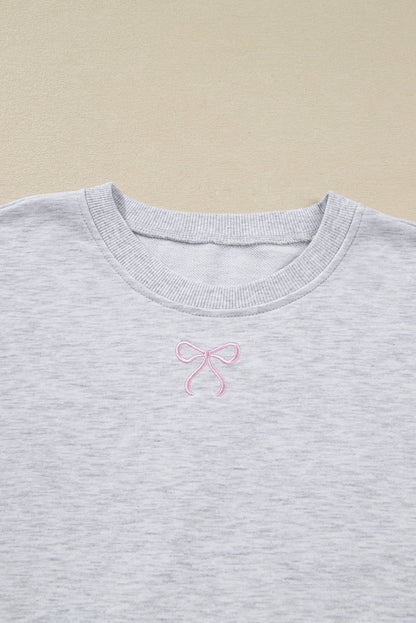 Light Grey Girly Bow Embroidered Puff Sleeve Pullover Loose Shorts Plus 2pcs Outfit