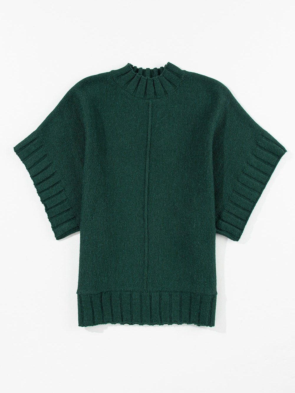Elegant Blackish Green Batwing Knit Sweater with Mock Neck