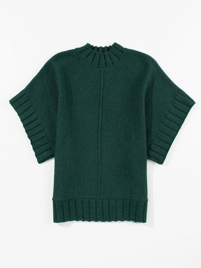 Elegant Blackish Green Batwing Knit Sweater with Mock Neck