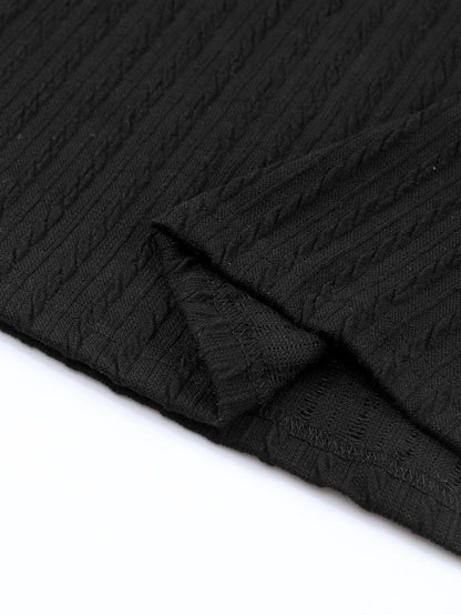 Elegant Black Ribbed Round Neck Long Sleeve Top