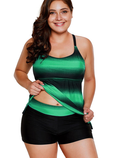 Green Strappy Back Plus Size Color Block Tankini for Summer