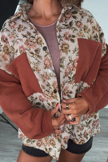 Clay Waffle Sleeve Pocket Contrast Patchwork Floral Print Oversize Shacket