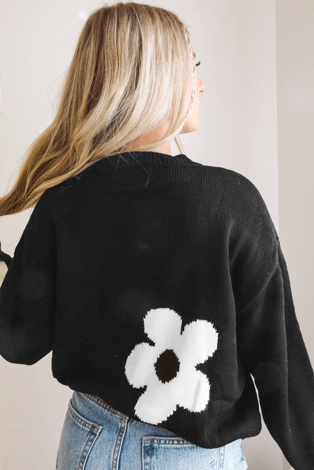 Elegant Black Floral Knit Sweater