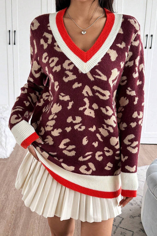 Red Leopard Pattern Knit Contrast Striped Trim V Neck Sweater