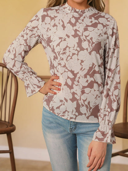 French Beige Floral Print Ruffle Neckline Flounce Sleeve Top
