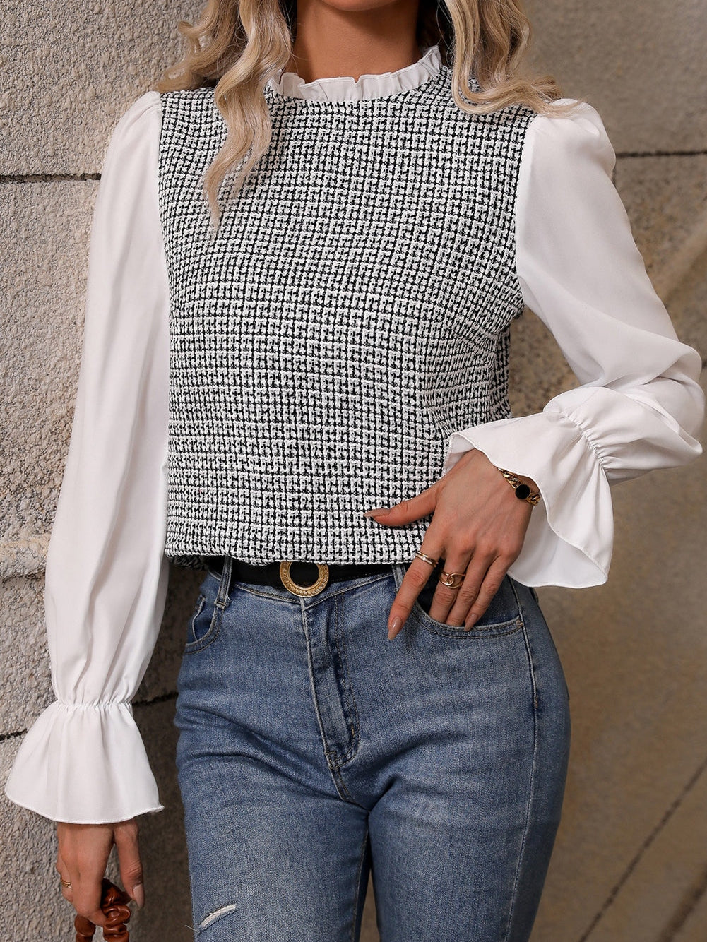 Elegant Black Tweed Top with Frill Neck and Flounce Sleeves