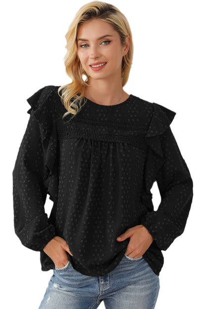 Elegant Black Lace Eyelet Ruffle Sleeve Blouse for Fall