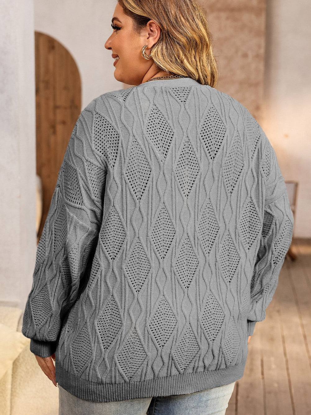 Cozy Gray Hollow Knit Plus Size Button-Up Cardigan